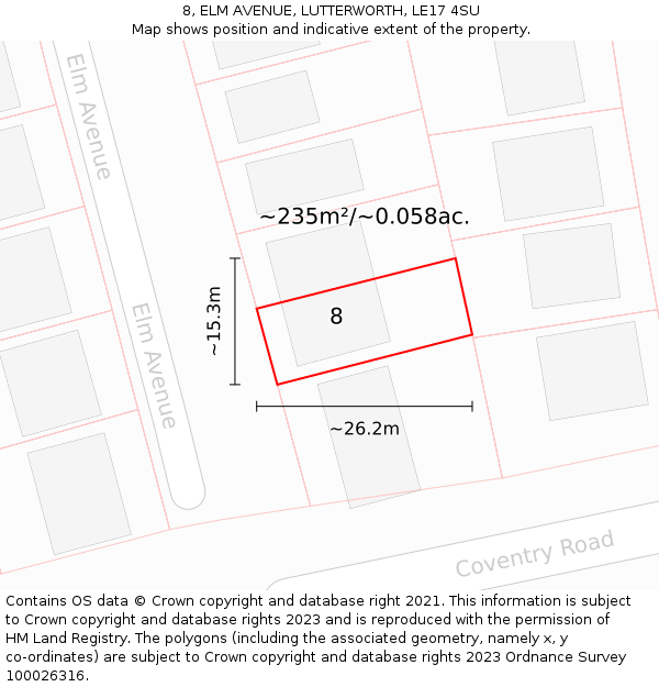 8, ELM AVENUE, LUTTERWORTH, LE17 4SU: Plot and title map