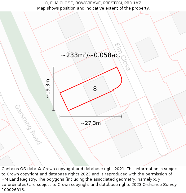 8, ELM CLOSE, BOWGREAVE, PRESTON, PR3 1AZ: Plot and title map