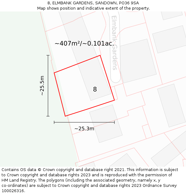 8, ELMBANK GARDENS, SANDOWN, PO36 9SA: Plot and title map