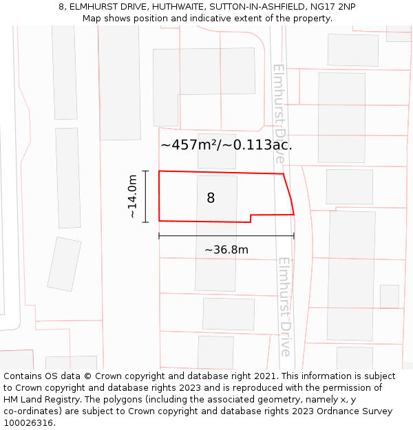 8, ELMHURST DRIVE, HUTHWAITE, SUTTON-IN-ASHFIELD, NG17 2NP: Plot and title map