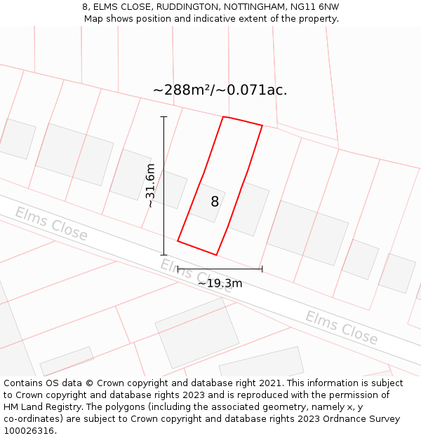 8, ELMS CLOSE, RUDDINGTON, NOTTINGHAM, NG11 6NW: Plot and title map