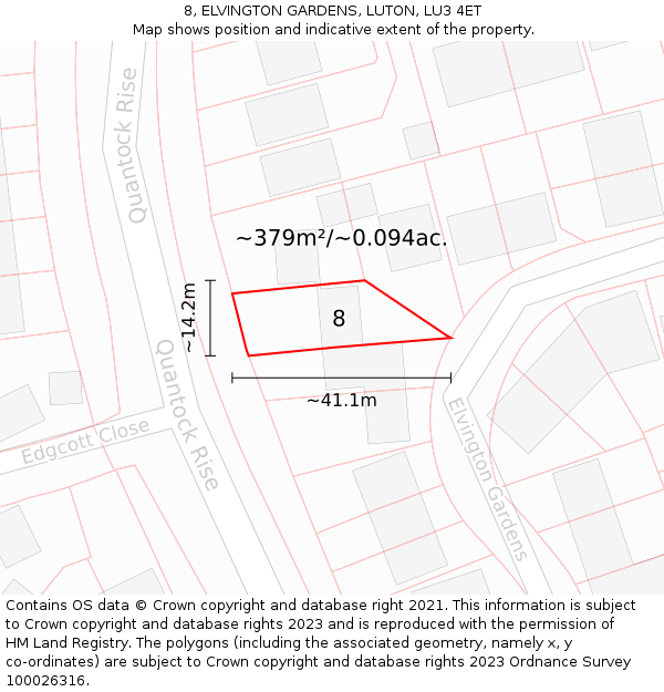 8, ELVINGTON GARDENS, LUTON, LU3 4ET: Plot and title map