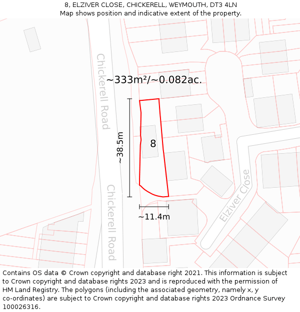 8, ELZIVER CLOSE, CHICKERELL, WEYMOUTH, DT3 4LN: Plot and title map