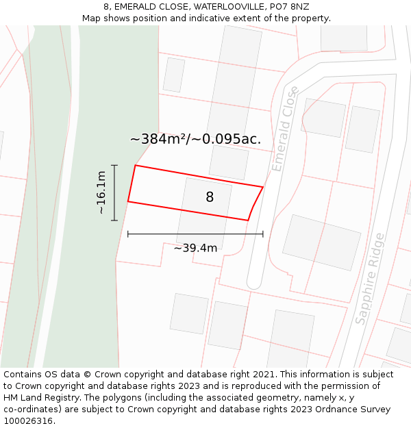 8, EMERALD CLOSE, WATERLOOVILLE, PO7 8NZ: Plot and title map