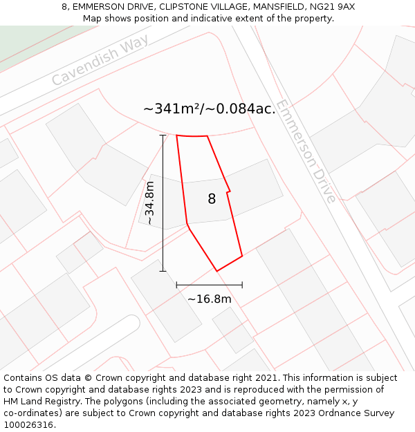 8, EMMERSON DRIVE, CLIPSTONE VILLAGE, MANSFIELD, NG21 9AX: Plot and title map