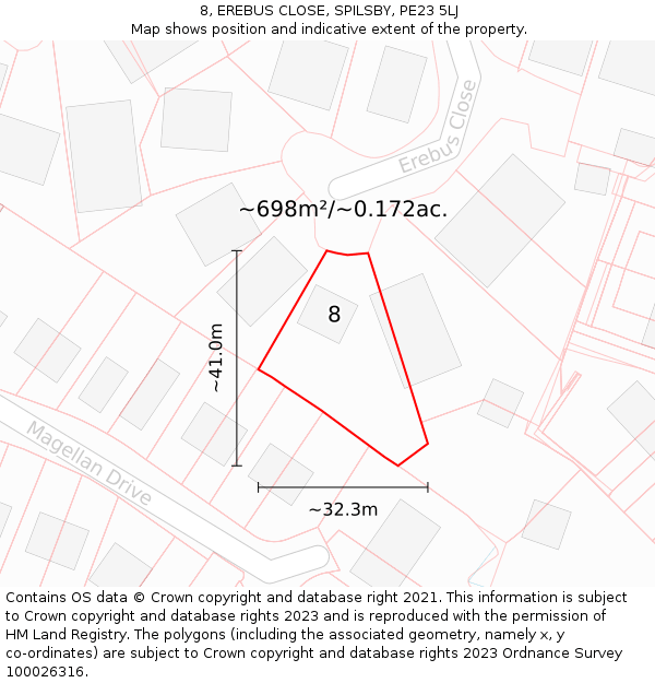 8, EREBUS CLOSE, SPILSBY, PE23 5LJ: Plot and title map