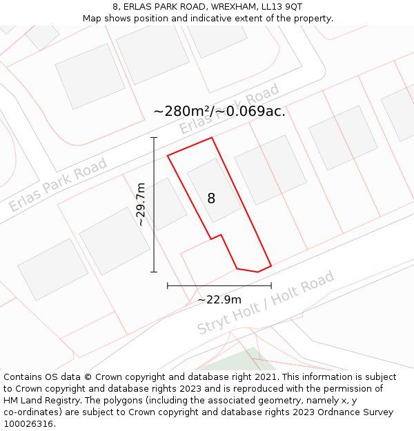 8, ERLAS PARK ROAD, WREXHAM, LL13 9QT: Plot and title map