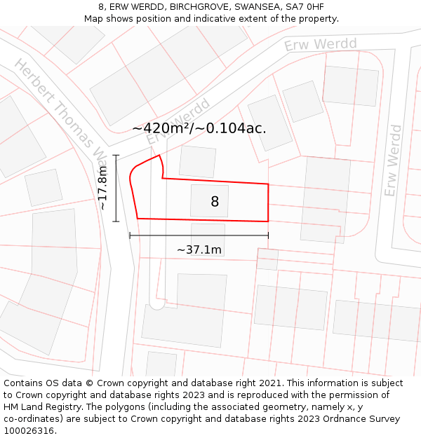 8, ERW WERDD, BIRCHGROVE, SWANSEA, SA7 0HF: Plot and title map