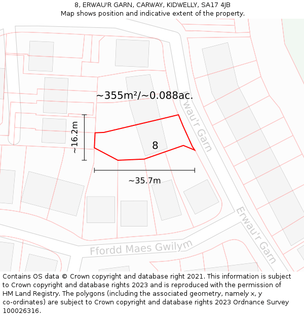 8, ERWAU'R GARN, CARWAY, KIDWELLY, SA17 4JB: Plot and title map