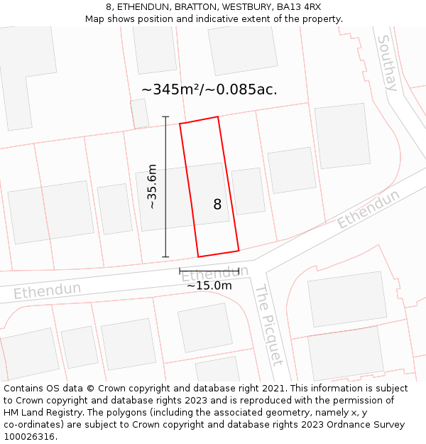 8, ETHENDUN, BRATTON, WESTBURY, BA13 4RX: Plot and title map