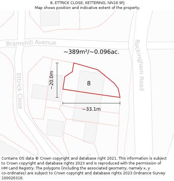 8, ETTRICK CLOSE, KETTERING, NN16 9FJ: Plot and title map