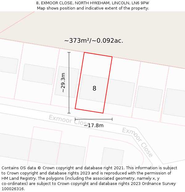 8, EXMOOR CLOSE, NORTH HYKEHAM, LINCOLN, LN6 9PW: Plot and title map