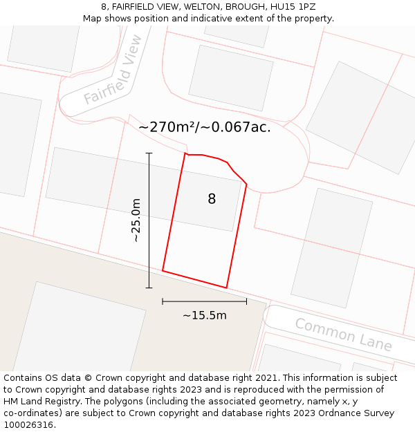 8, FAIRFIELD VIEW, WELTON, BROUGH, HU15 1PZ: Plot and title map