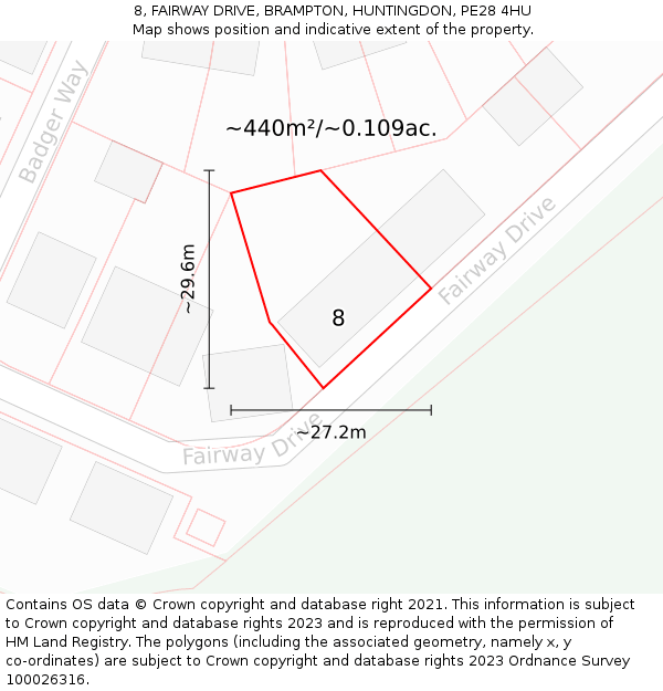 8, FAIRWAY DRIVE, BRAMPTON, HUNTINGDON, PE28 4HU: Plot and title map