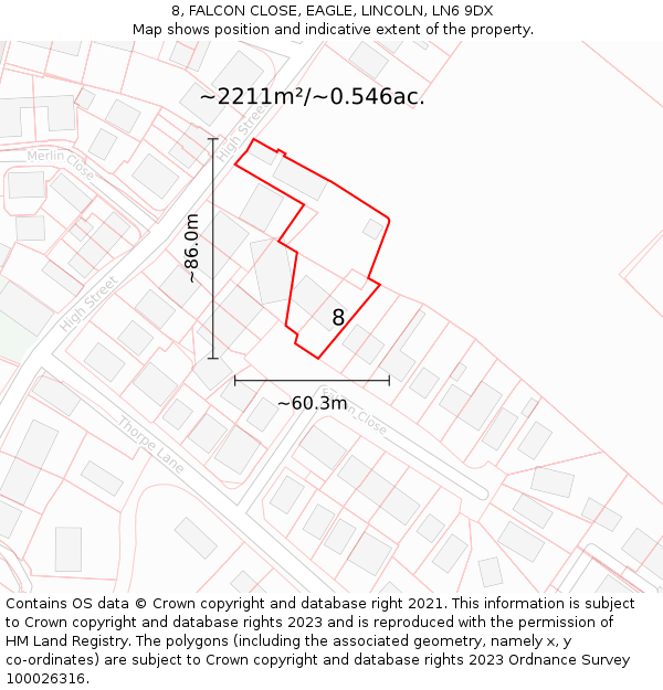 8, FALCON CLOSE, EAGLE, LINCOLN, LN6 9DX: Plot and title map