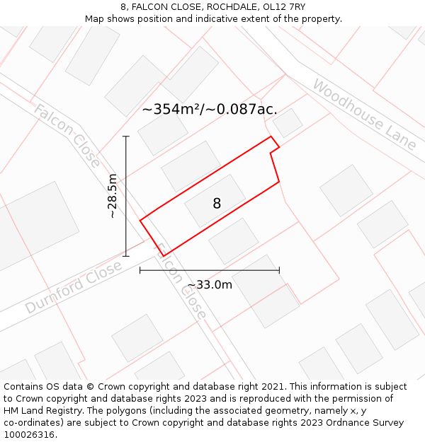 8, FALCON CLOSE, ROCHDALE, OL12 7RY: Plot and title map