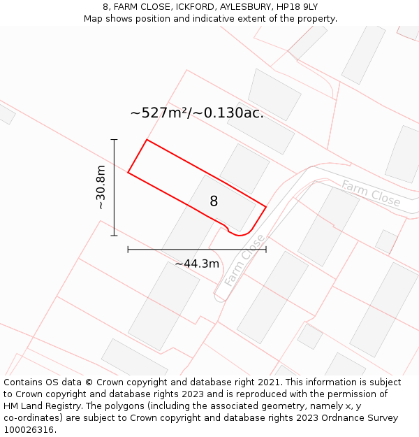 8, FARM CLOSE, ICKFORD, AYLESBURY, HP18 9LY: Plot and title map