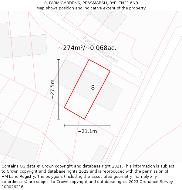 8, FARM GARDENS, PEASMARSH, RYE, TN31 6NR: Plot and title map
