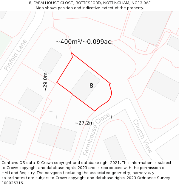 8, FARM HOUSE CLOSE, BOTTESFORD, NOTTINGHAM, NG13 0AF: Plot and title map