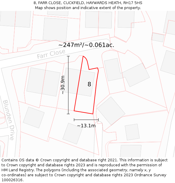 8, FARR CLOSE, CUCKFIELD, HAYWARDS HEATH, RH17 5HS: Plot and title map