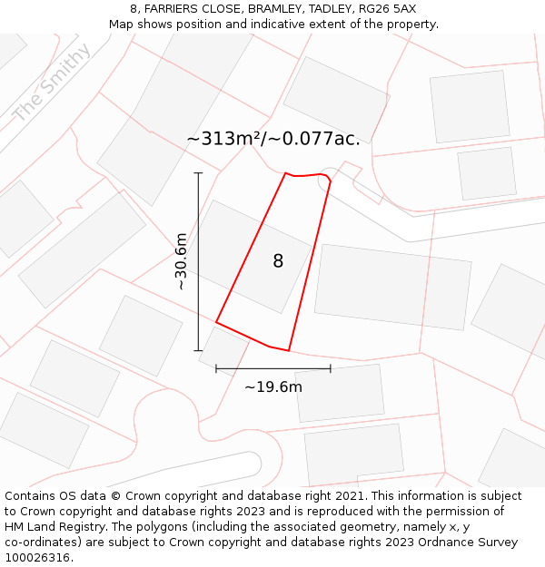 8, FARRIERS CLOSE, BRAMLEY, TADLEY, RG26 5AX: Plot and title map