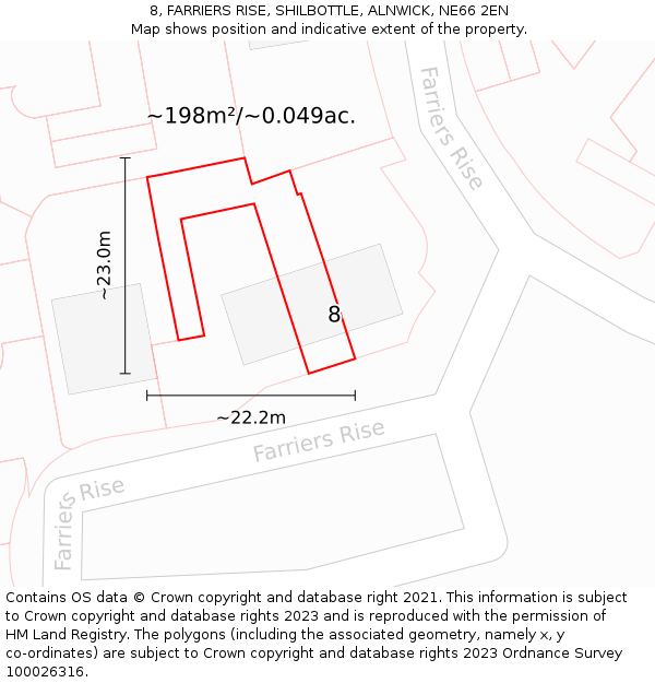 8, FARRIERS RISE, SHILBOTTLE, ALNWICK, NE66 2EN: Plot and title map