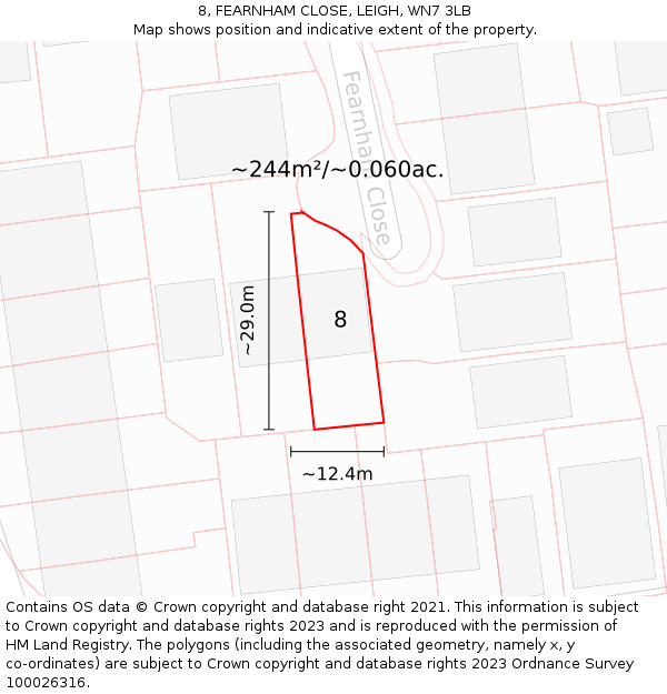 8, FEARNHAM CLOSE, LEIGH, WN7 3LB: Plot and title map