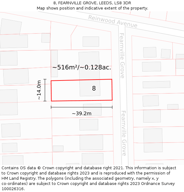 8, FEARNVILLE GROVE, LEEDS, LS8 3DR: Plot and title map