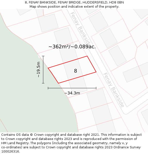 8, FENAY BANKSIDE, FENAY BRIDGE, HUDDERSFIELD, HD8 0BN: Plot and title map