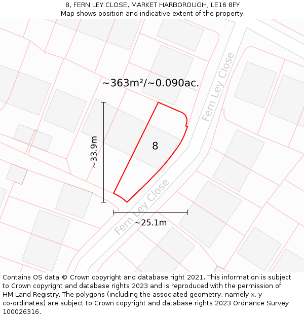 8, FERN LEY CLOSE, MARKET HARBOROUGH, LE16 8FY: Plot and title map