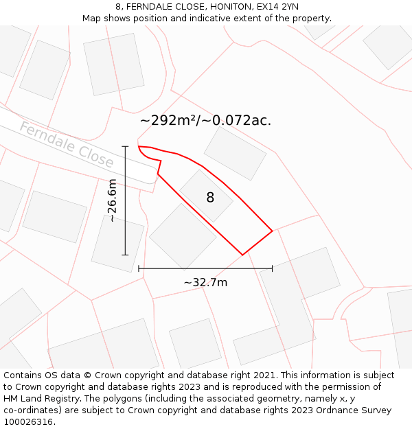 8, FERNDALE CLOSE, HONITON, EX14 2YN: Plot and title map