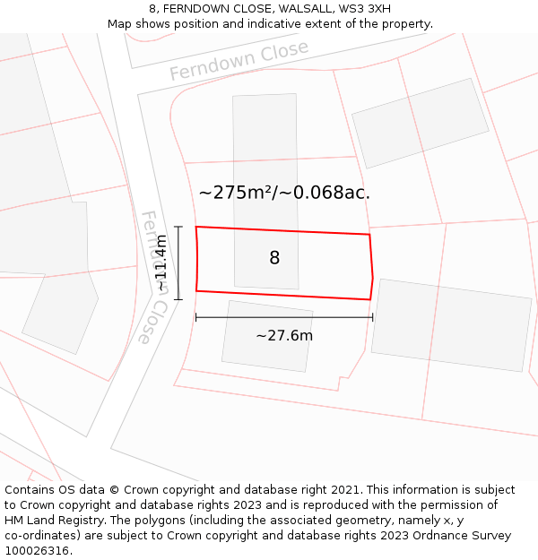 8, FERNDOWN CLOSE, WALSALL, WS3 3XH: Plot and title map