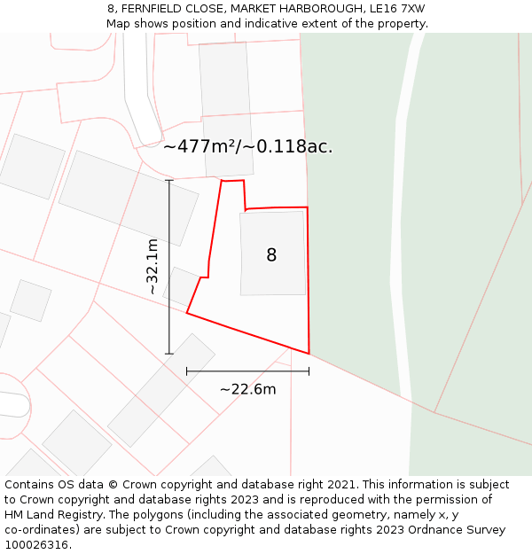 8, FERNFIELD CLOSE, MARKET HARBOROUGH, LE16 7XW: Plot and title map