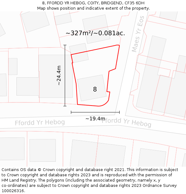 8, FFORDD YR HEBOG, COITY, BRIDGEND, CF35 6DH: Plot and title map