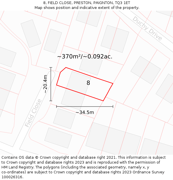 8, FIELD CLOSE, PRESTON, PAIGNTON, TQ3 1ET: Plot and title map