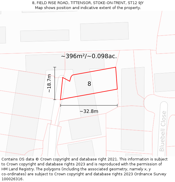 8, FIELD RISE ROAD, TITTENSOR, STOKE-ON-TRENT, ST12 9JY: Plot and title map