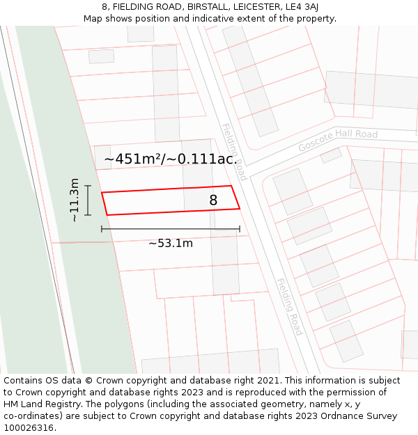 8, FIELDING ROAD, BIRSTALL, LEICESTER, LE4 3AJ: Plot and title map