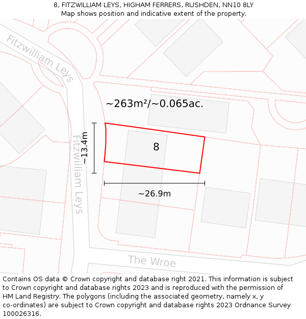 8, FITZWILLIAM LEYS, HIGHAM FERRERS, RUSHDEN, NN10 8LY: Plot and title map