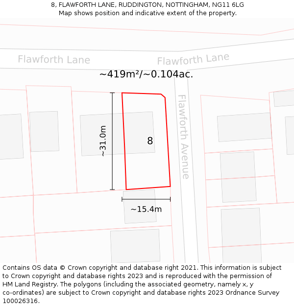 8, FLAWFORTH LANE, RUDDINGTON, NOTTINGHAM, NG11 6LG: Plot and title map