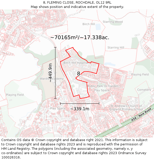 8, FLEMING CLOSE, ROCHDALE, OL12 9RL: Plot and title map