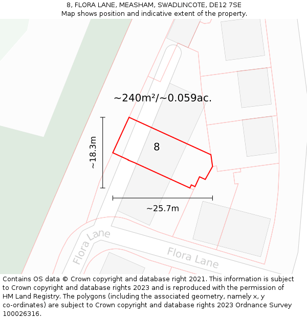 8, FLORA LANE, MEASHAM, SWADLINCOTE, DE12 7SE: Plot and title map