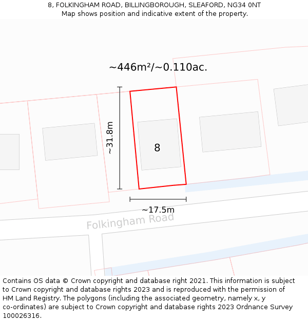 8, FOLKINGHAM ROAD, BILLINGBOROUGH, SLEAFORD, NG34 0NT: Plot and title map