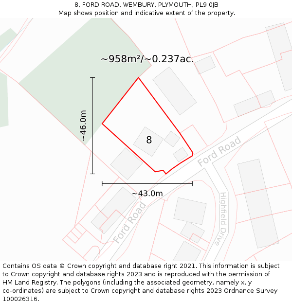 8, FORD ROAD, WEMBURY, PLYMOUTH, PL9 0JB: Plot and title map