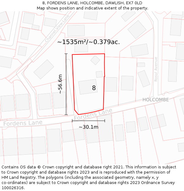 8, FORDENS LANE, HOLCOMBE, DAWLISH, EX7 0LD: Plot and title map