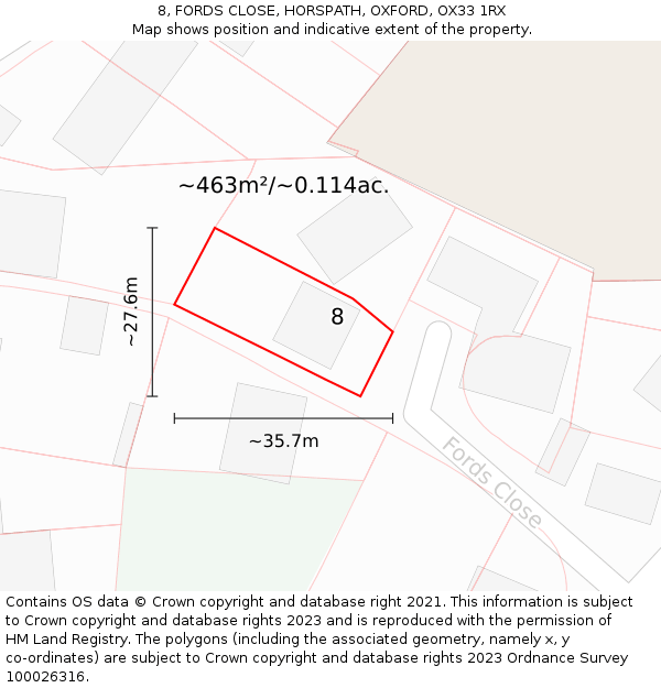 8, FORDS CLOSE, HORSPATH, OXFORD, OX33 1RX: Plot and title map