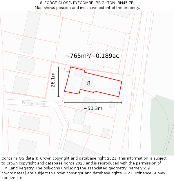 8, FORGE CLOSE, PYECOMBE, BRIGHTON, BN45 7BJ: Plot and title map