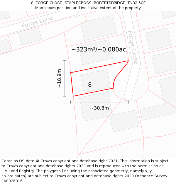 8, FORGE CLOSE, STAPLECROSS, ROBERTSBRIDGE, TN32 5QF: Plot and title map