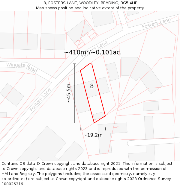 8, FOSTERS LANE, WOODLEY, READING, RG5 4HP: Plot and title map