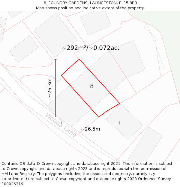 8, FOUNDRY GARDENS, LAUNCESTON, PL15 8PB: Plot and title map