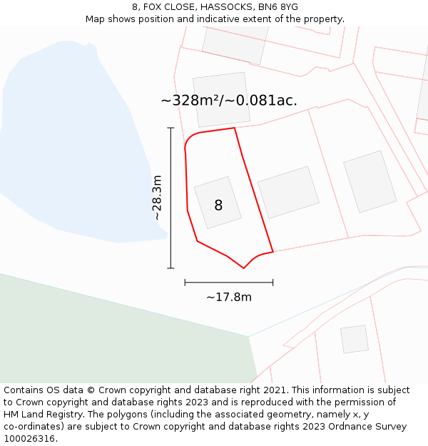 8, FOX CLOSE, HASSOCKS, BN6 8YG: Plot and title map